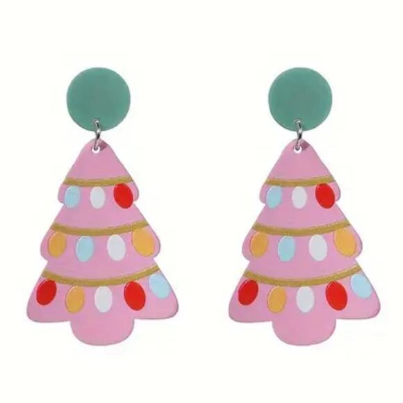 Pink Christmas Tree Earrings - Picture 1 of 1